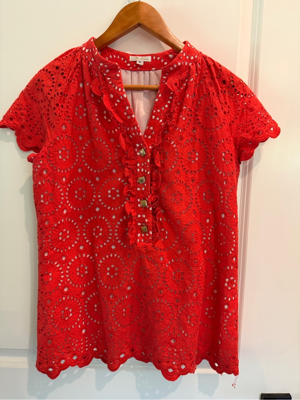 Shoshanna Coral Red White Eyelet Ruffle Top - Women